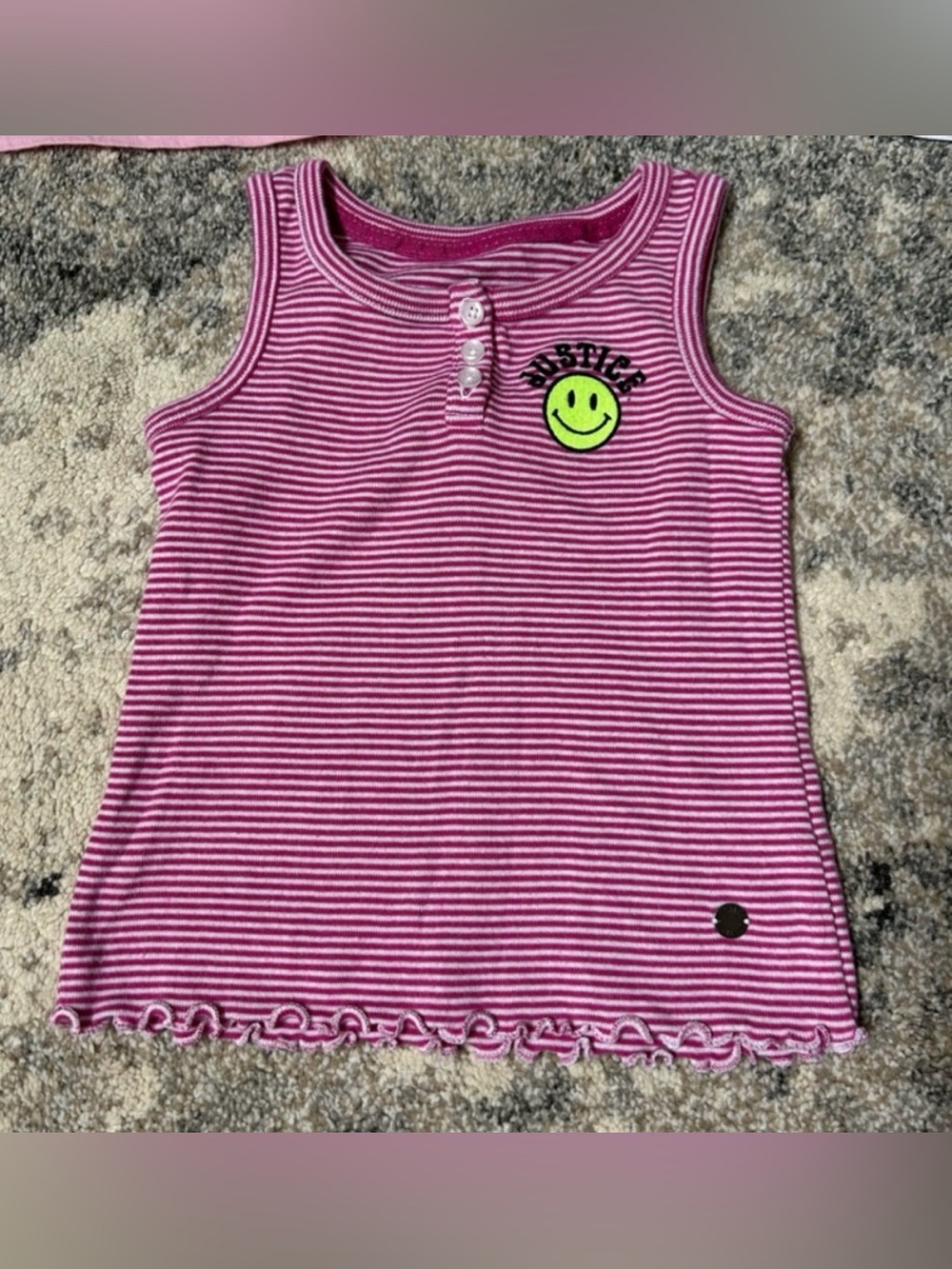 Justice Pink & White Striped Tank Top with Neon Smiley